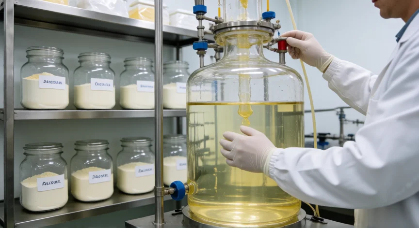 como se fabrica la heparina, Técnico en planta de fabricación farmacéutica procesando solución de heparina en biorreactor