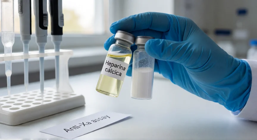 como se fabrica la heparina, Viales de heparina cálcica y polvo liofilizado sobre mesa de laboratorio farmacéutico