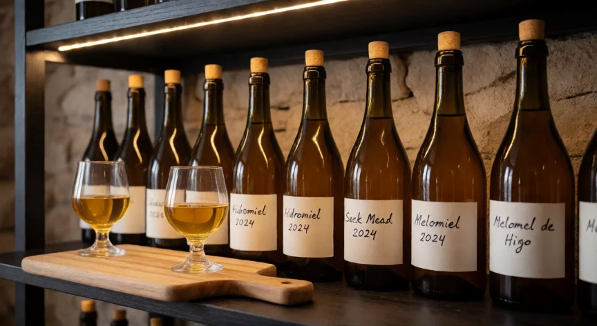 cómo se fabrica la hidromiel, Bodegón de botellas de hidromiel casera en maduración en bodega con etiquetas manuscritas
