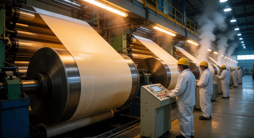 Máquina industrial de fabricación de papel con cilindros y web húmeda en una fábrica moderna