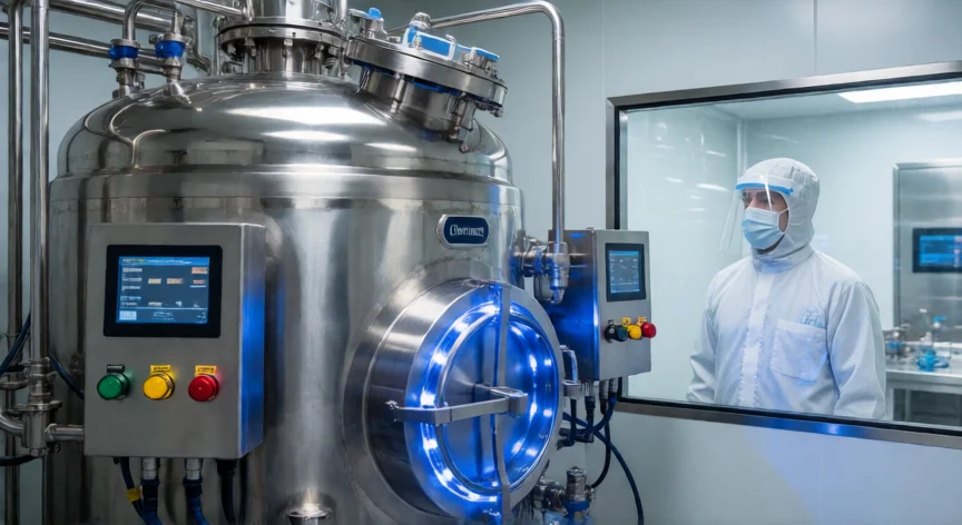 Reactor de fermentación industrial en planta farmacéutica para producción de insulina