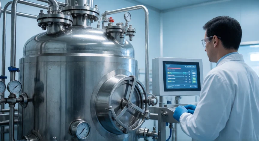 Bioreactor industrial de fermentación para producción de insulina recombinante en planta farmacéutica