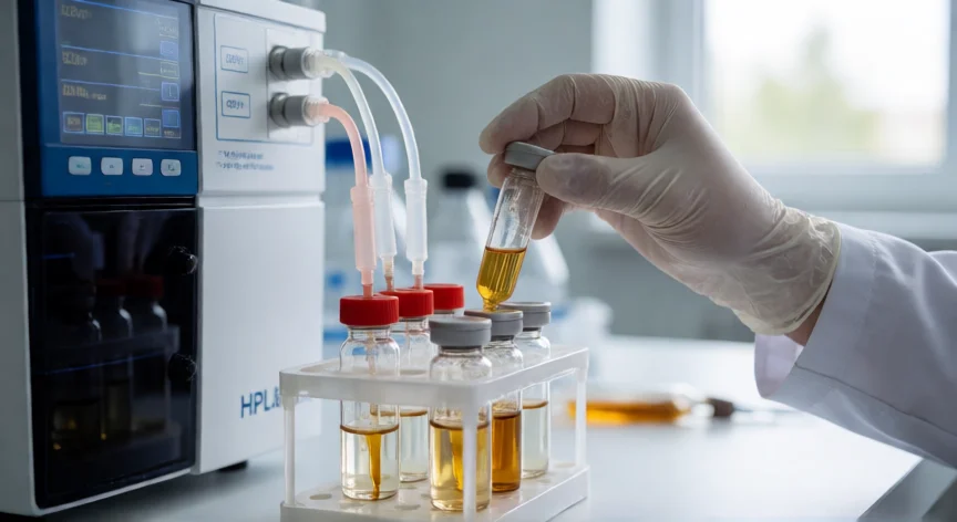 como se fabrica la insulina artificial, Técnico de laboratorio realizando purificación por cromatografía HPLC de insulina en fase de control de calidad