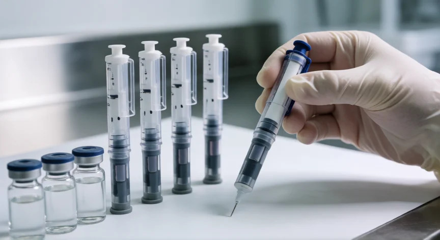 como se fabrica la insulina humana, Plumas y frascos de insulina humana en entorno farmacéutico aséptico
