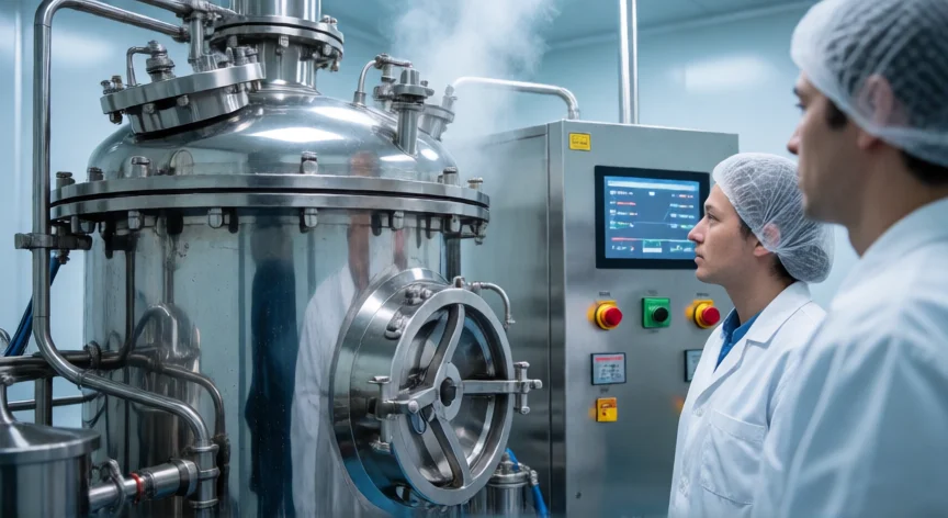 como se fabrica la insulina inyectable, Biorreactor industrial de acero inoxidable en sala GMP para fermentación de insulina