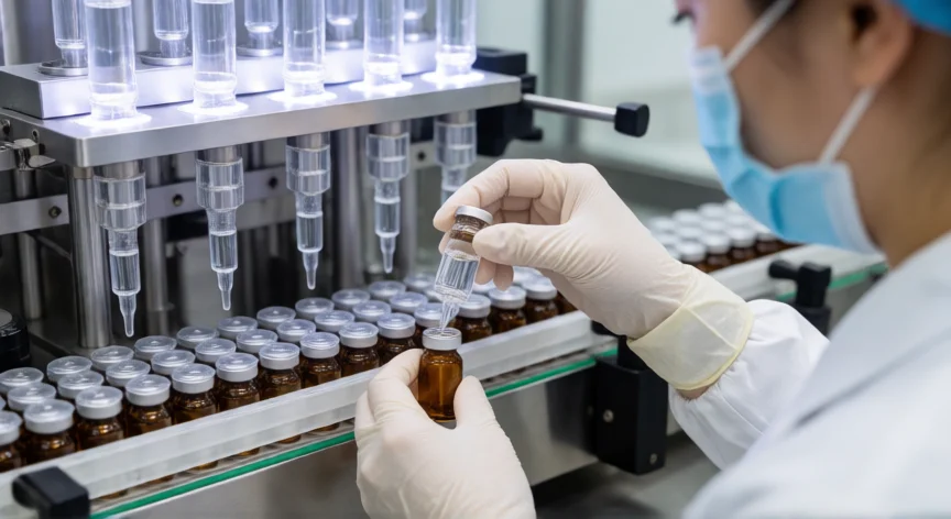 como se fabrica la insulina inyectable, Llenado aséptico automático de viales de insulina en sala blanca farmacéutica