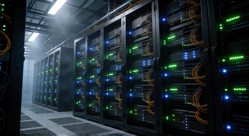 como se fabrica la inteligencia artificial, Interior de un centro de datos con miles de GPUs entrenando un modelo de IA