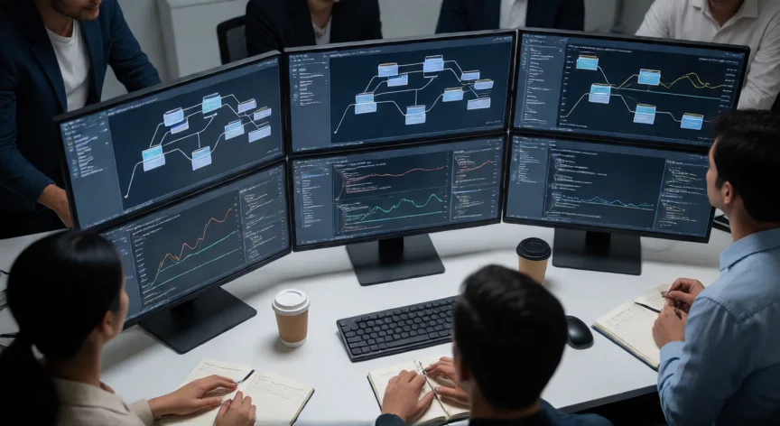 como se fabrica la inteligencia artificial, Equipo de ingenieros de IA monitorizando el entrenamiento de un modelo en tiempo real