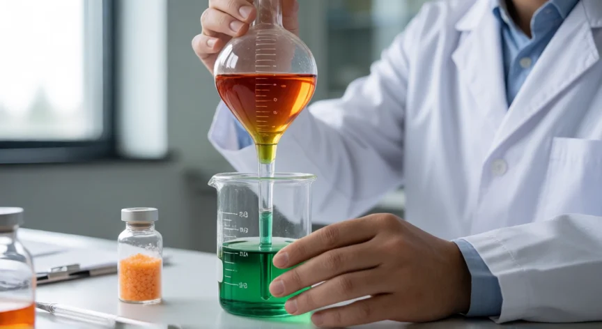 como se fabrica la ivermectina, Químico farmacéutico realizando extracción líquido-líquido de avermectinas en laboratorio