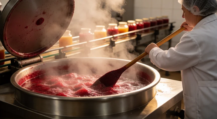 Cocción de jalea de frutos rojos en caldera industrial con envasado en tarros