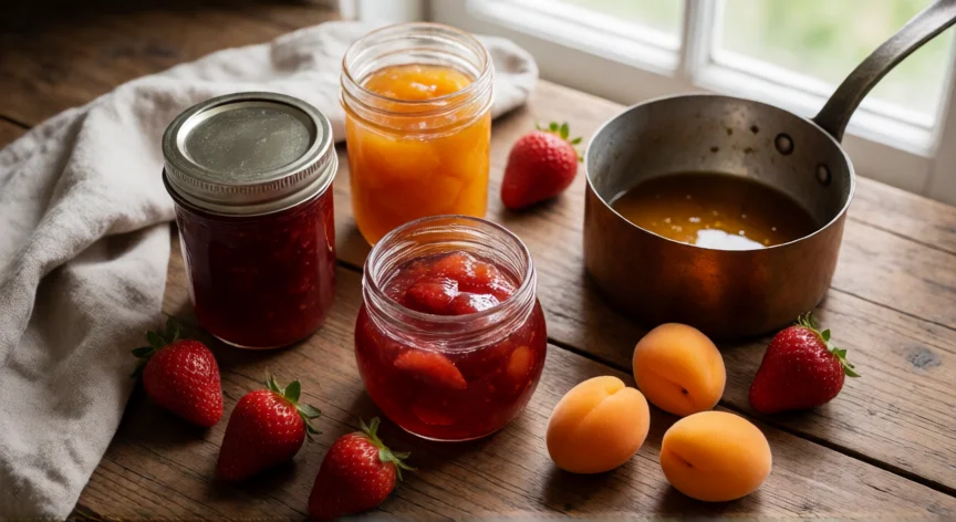 como se fabrica la jalea, Jaleas artesanales de fresa y albaricoque en frascos de vidrio sobre mesa rústica