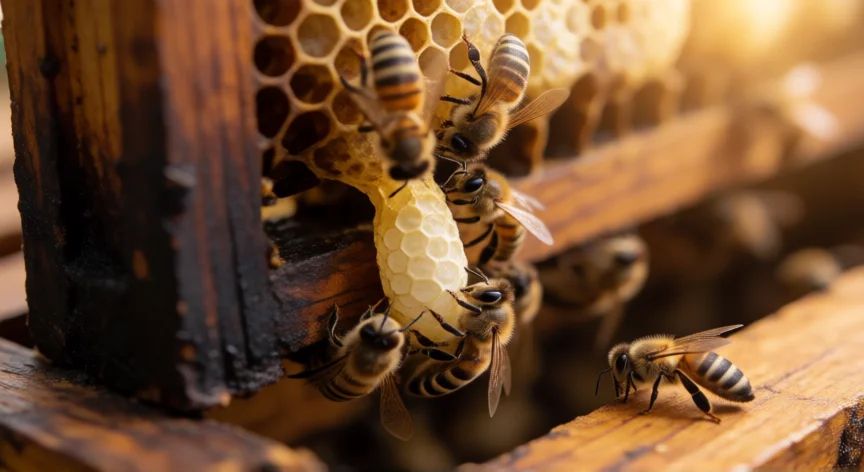 Abejas obreras depositando jalea real en una celda de reina dentro del colmenar