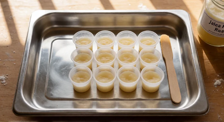 como se fabrica la jalea real, Celdas de jalea real recién recogidas y frasco etiquetado sobre mesa de trabajo