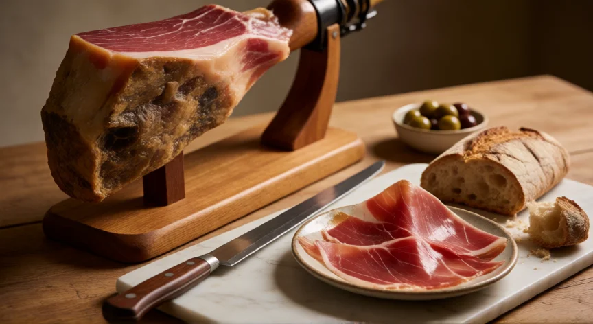 Jamón ibérico en paténer con cuchillo jamonero y lonchas finas sobre plato de cerámica