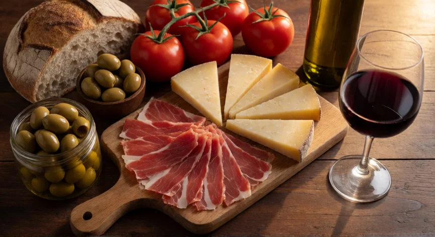 cómo se fabrica la jamonada, Mesa de jamonada con jamón serrano, queso manchego, aceitunas, tomate y vino tinto