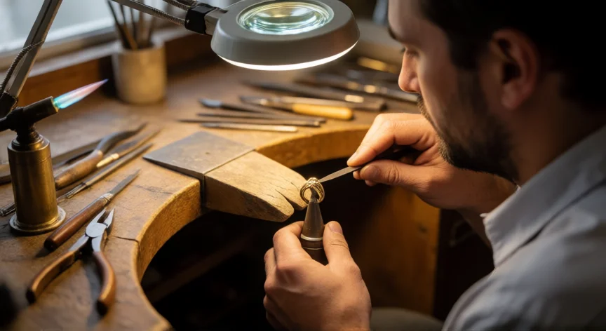 como se fabrica la joyeria, Joyer artesano puliendo un anillo de oro en su taller con herramientas manuales