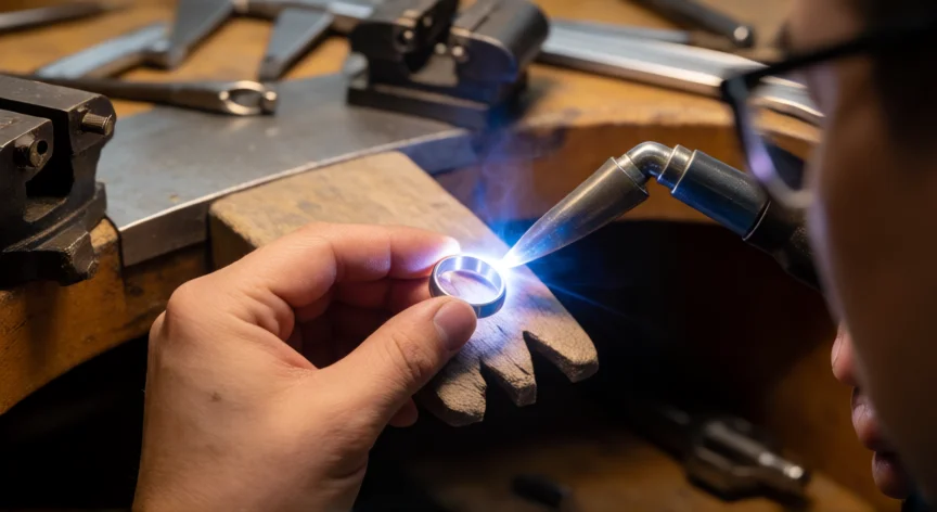 como se fabrica la joyeria de acero inoxidable, Operario soldando un anillo de acero inoxidable con arco TIG en taller de joyería