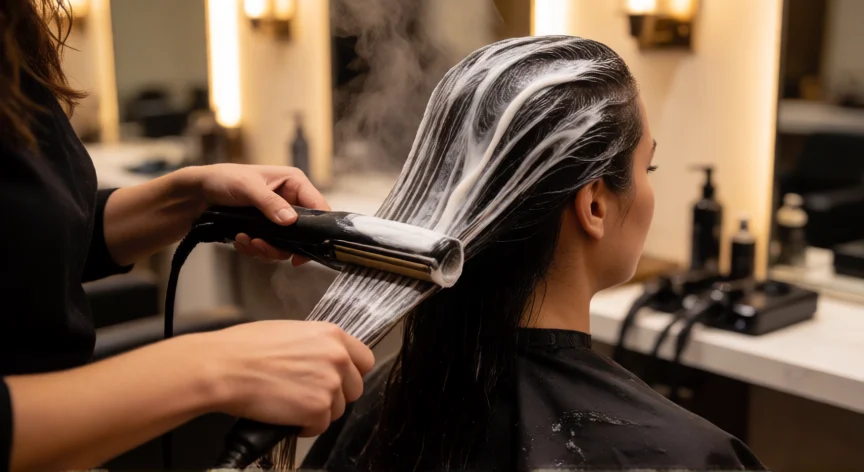como se fabrica la keratina para el cabello, Aplicación de tratamiento de keratina con plancha en salón profesional