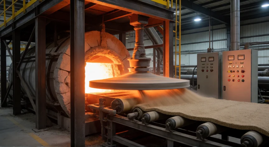como se fabrica la lana de roca, Interior de planta de fabricación de lana de roca con horno de fusión y sistema de soplado de fibras