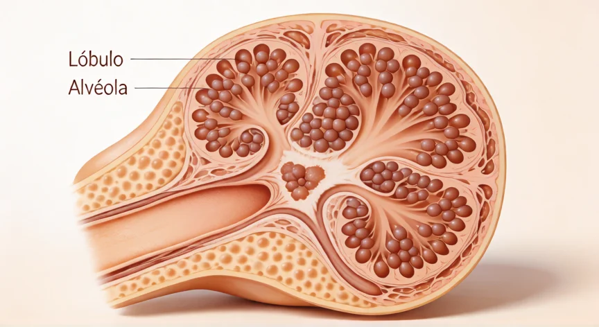 Corte anatómico de la glándula mamaria con lóbulos, alvéolos y conductos