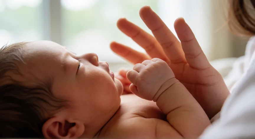como se fabrica la leche materna, Recién nacido amamantado con luz natural y manos de la madre