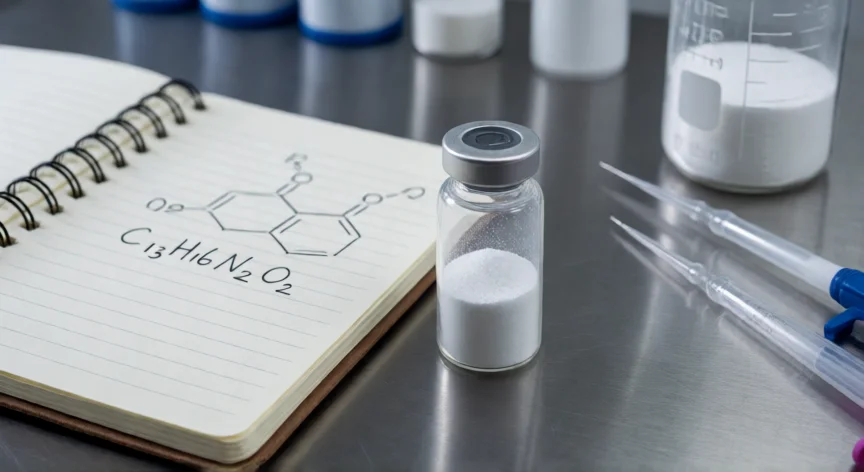 Polvo cristalino blanco de melatonina en vial de laboratorio