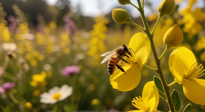 Abeja melífera recolectando néctar de una flor de acacia con su probóscis