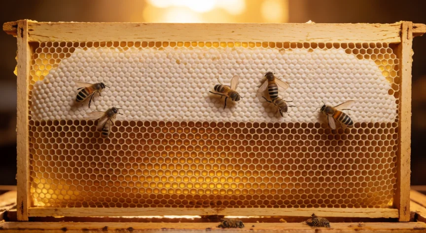 como se fabrica la miel de abeja, Panel de panal con celdas de miel líquida y selladas con cera, abejas trabajando
