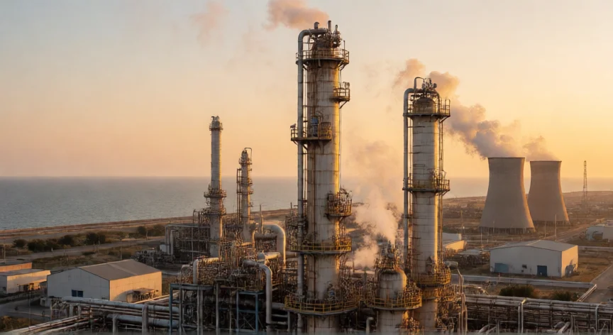 Torre de destilación atmosférica en una refinería costera al atardecer