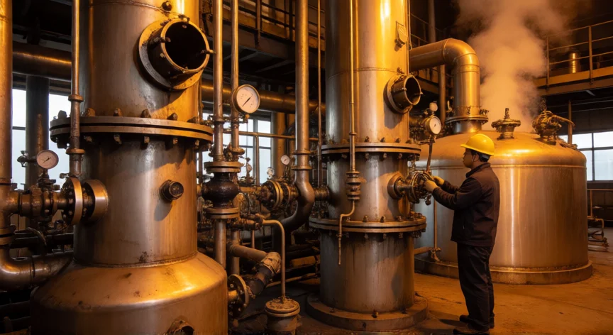 Planta carboquímica con columnas de destilación fraccionada del alquitrán de hulla