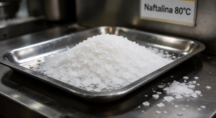 como se fabrica la naftalina, Escamas de naftalina cristalina en bandeja industrial de acero