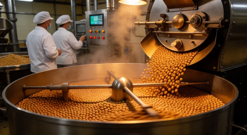 cómo se fabrica la nutella, Tambor industrial de tueste de avellanas en una fábrica de crema de avellanas