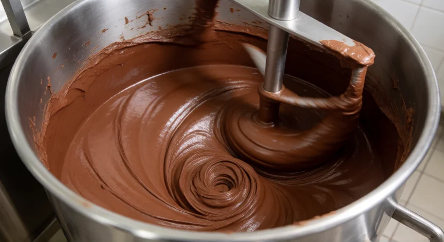 cómo se fabrica la nutella, Mezclador industrial con crema de avellana y cacao en fase de homogeneización