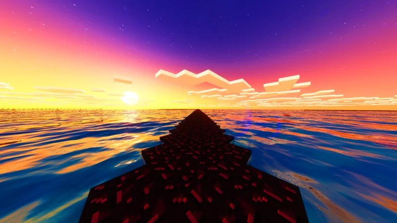 Puente de bloques de obsidiana sobre el agua al atardecer en Minecraft