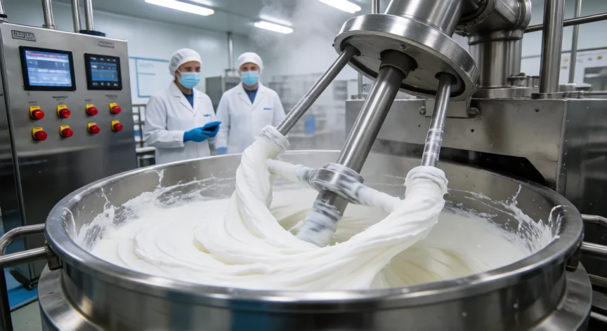 cómo se fabrica la pasta dental, Mezclador industrial de acero inoxidable produciendo pasta dental en una planta