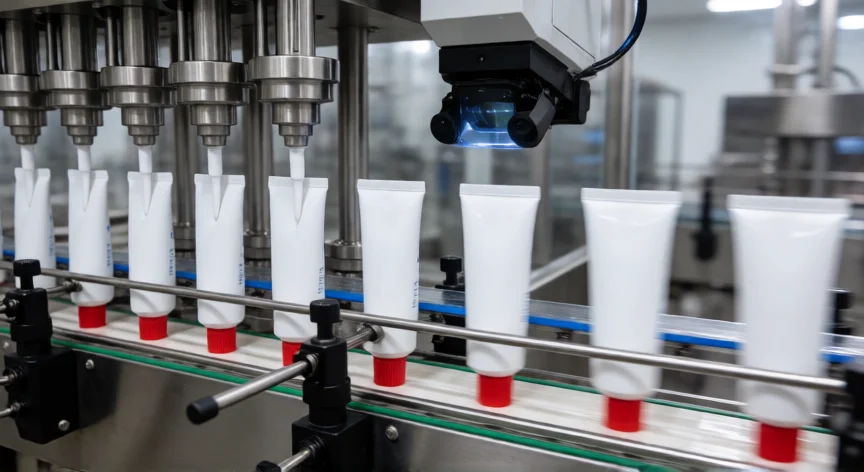 cómo se fabrica la pasta dental, Línea automática de envasado de tubos de pasta dental en fábrica