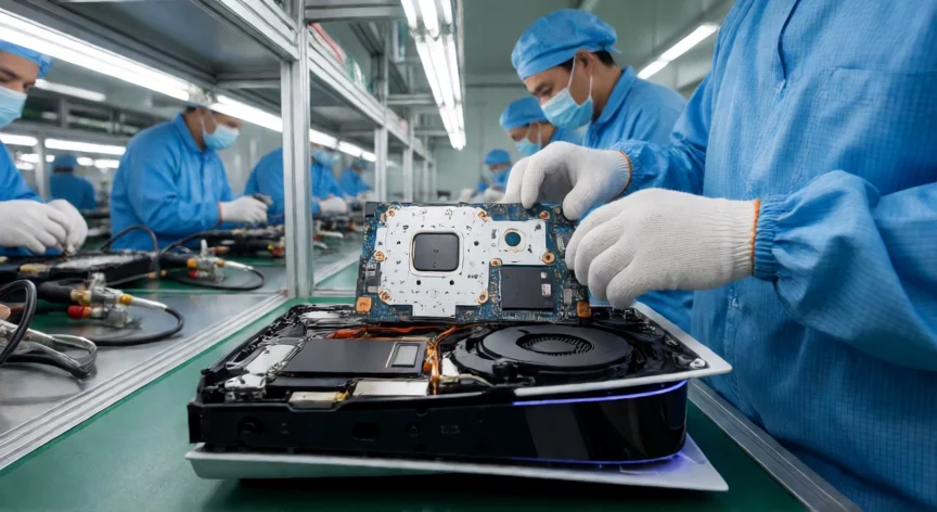 como se fabrica la play 5, Línea de ensamblaje industrial de la PlayStation 5 en fábrica de Vietnam con técnicos instalando componentes.