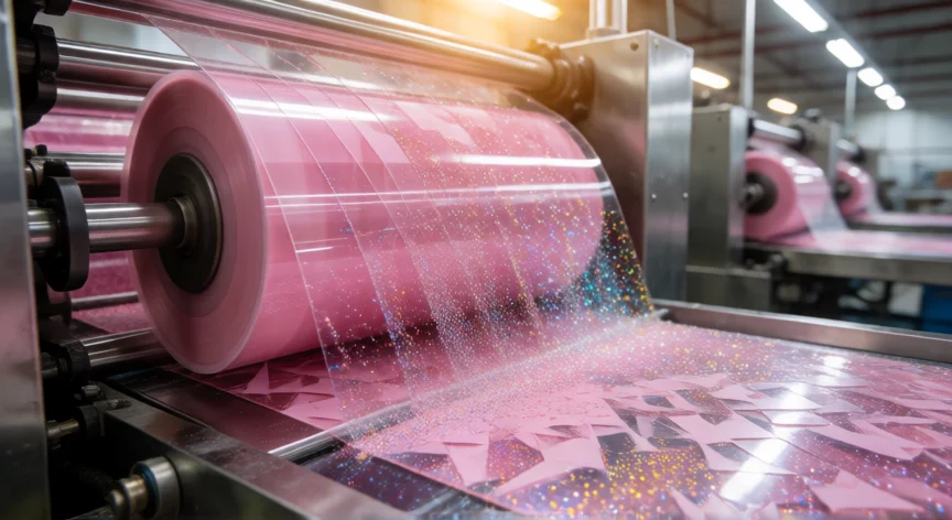 como se fabrica la purpurina, Máquina industrial cortando láminas de PET en formas triangulares para fabricar purpurina