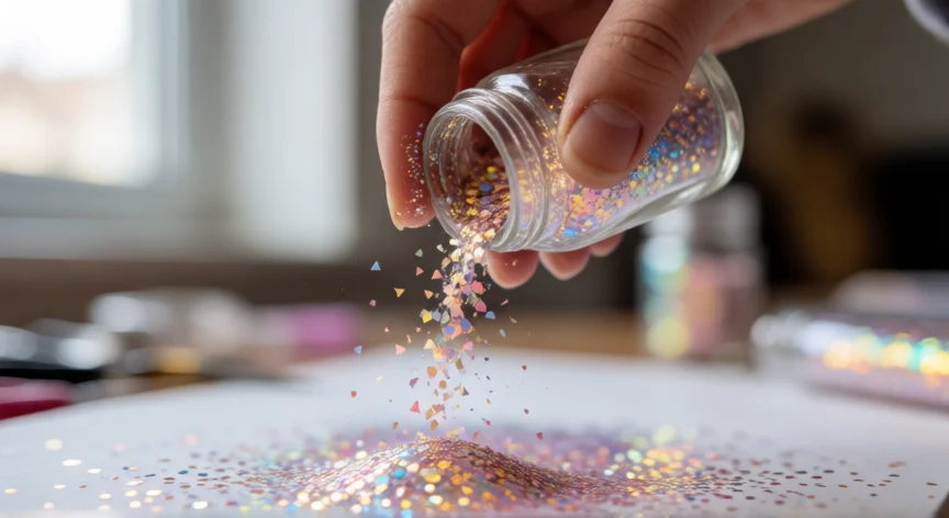como se fabrica la purpurina, Mano espolvoreando purpurina holográfica multicolor desde un tarrito de cristal sobre una mesa