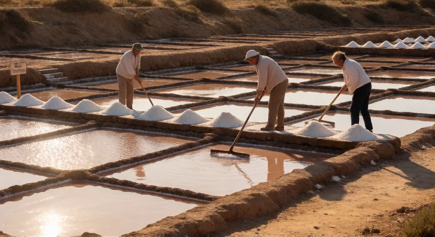 Salinas de evaporación solar con trabajadores cosechando cristales de sal