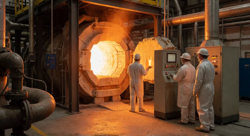 Horno industrial a 1800 grados donde la arena de cuarzo se transforma en silicio puro durante la primera etapa de fabricación de silicona
