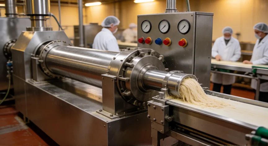 como se fabrica la soja texturizada, Máquina extrusora industrial fabricando proteína de soja texturizada en planta de producción