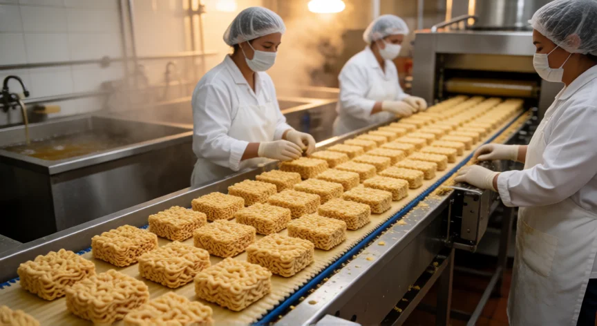Línea de producción industrial de fideos instantáneos estilo Maruchan en una fábrica moderna