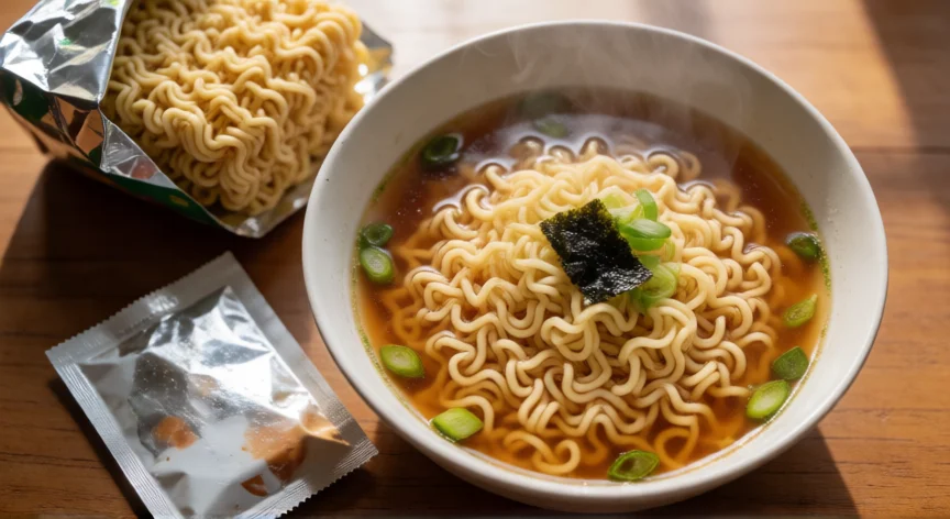como se fabrica la sopa maruchan, Tazón de sopa fideo instantáneo recién preparado con cebollín y algas al lado del paquete abierto