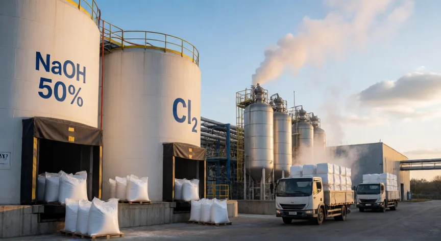 como se fabrica la sosa caustica, Planta de sosa cáustica con tanques y sacos de escamas en muelle