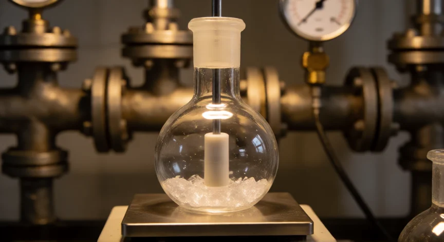 como se fabrica la taurina, Cristales de taurina pura en un matraz de laboratorio sobre agitador magnético