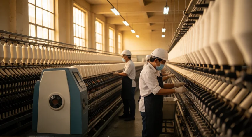 como se fabrica la tela, Interior de fábrica textil con máquinas de hilar algodón en producción