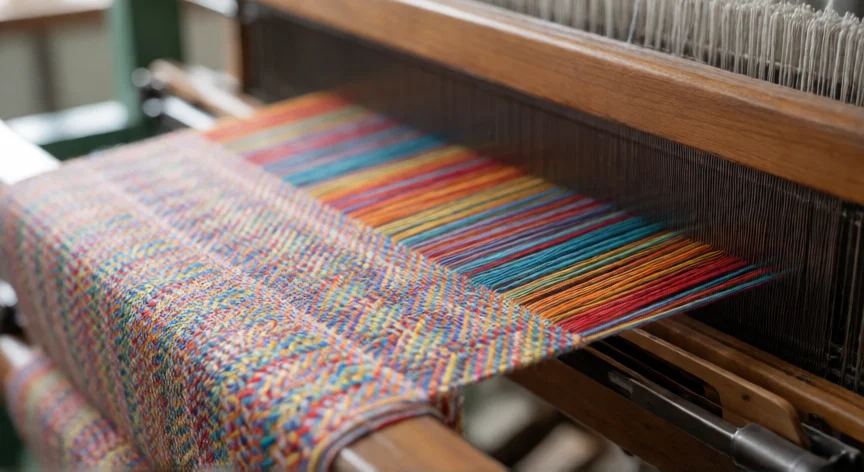 como se fabrica la tela, Telar moderno formando un tejido de sarga con hilos de colores