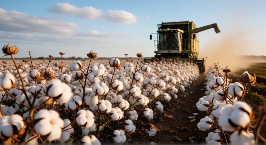 como se fabrica la tela de algodón, Campo de algodón en flor con cosechadora mecánica al fondo