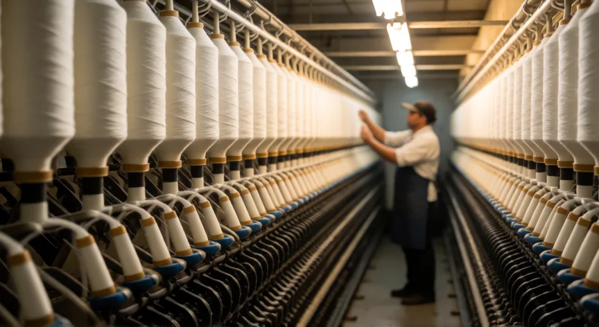 como se fabrica la tela de algodón, Interior de una hilatura con máquinas de hilado ring spinning en funcionamiento